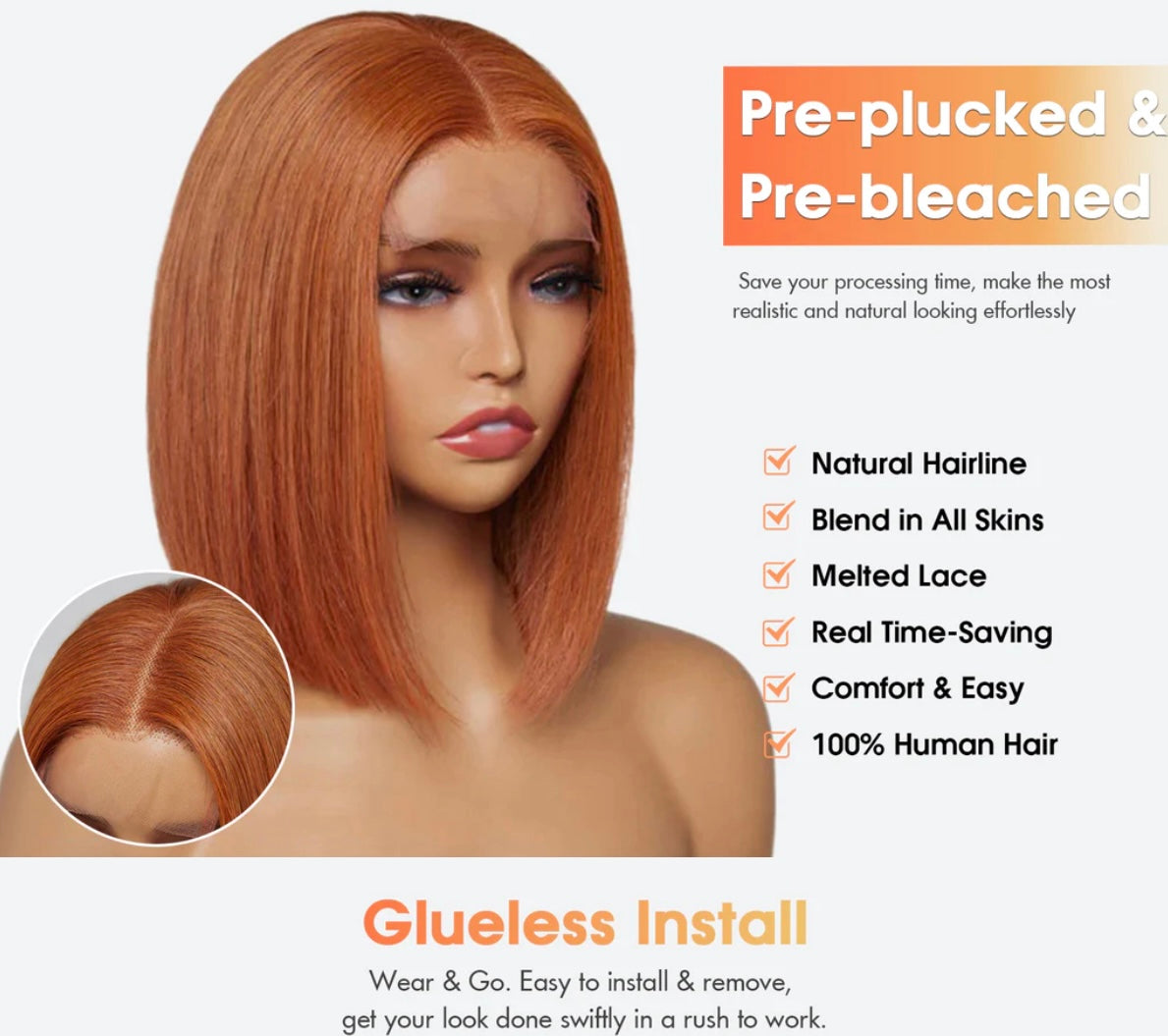 10 Inches Straight Bob Middle Part Glue-Less Closure Wig